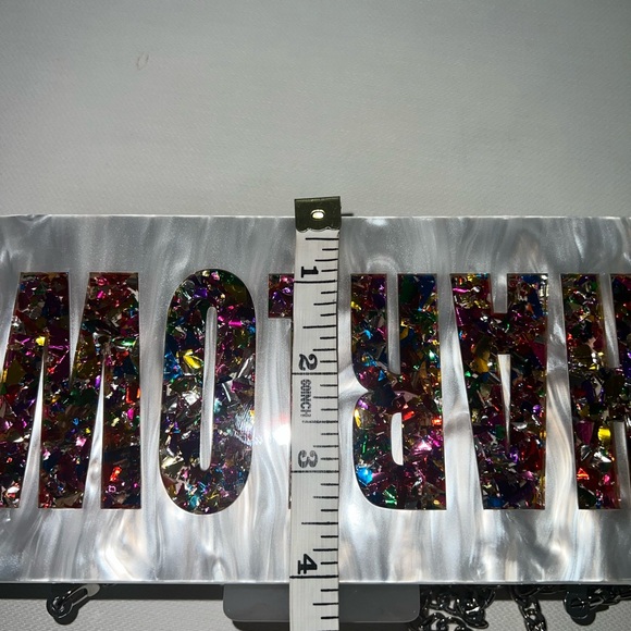 NWOT Rae of light customized Harlow White Clutch with Multicolor Letters